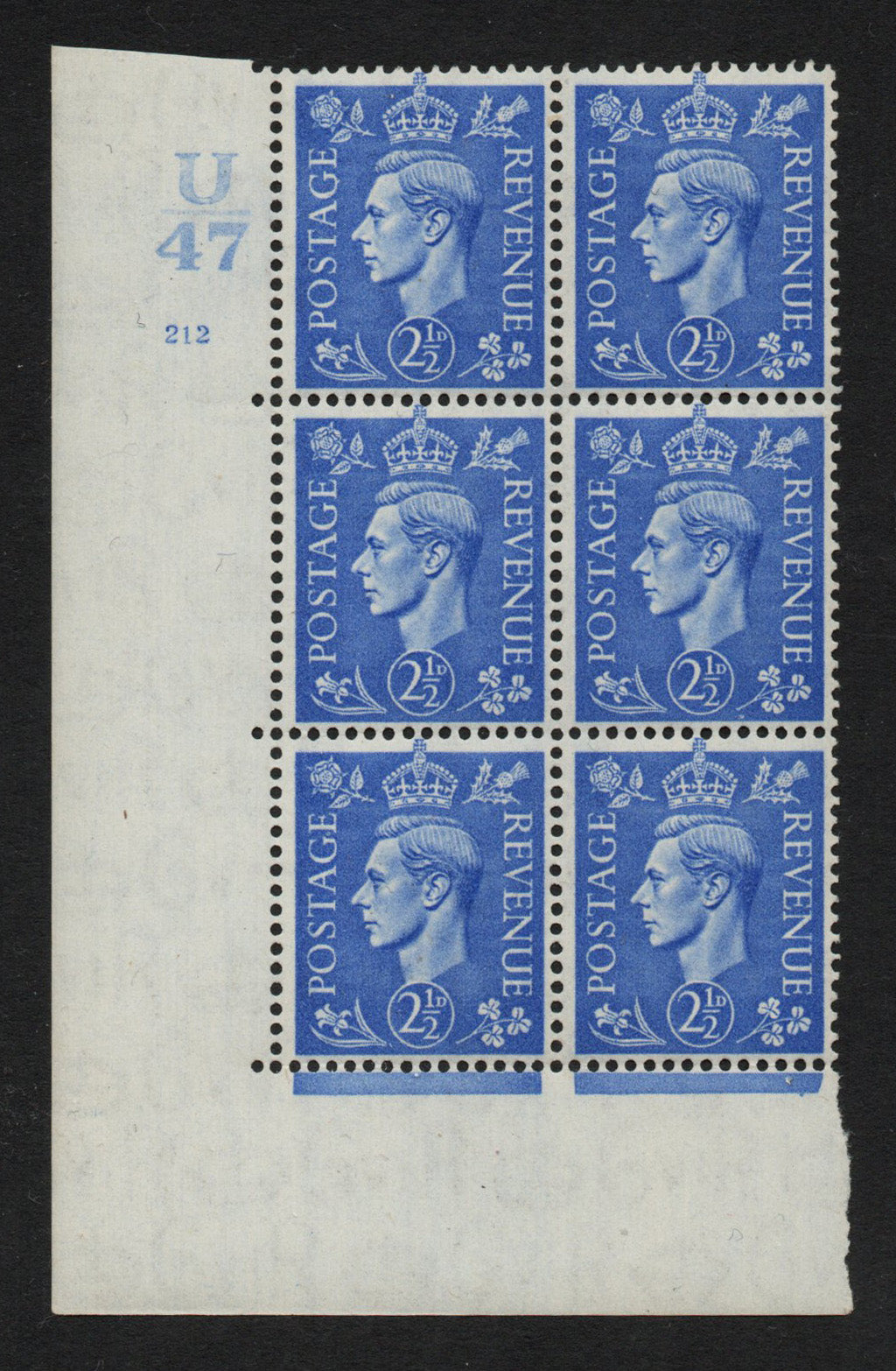 1941 GB KGVI SG489 2½d Lt Ultra Cyl 212 no dot Ctrl U/47 Block of 6 U/M (AL22)