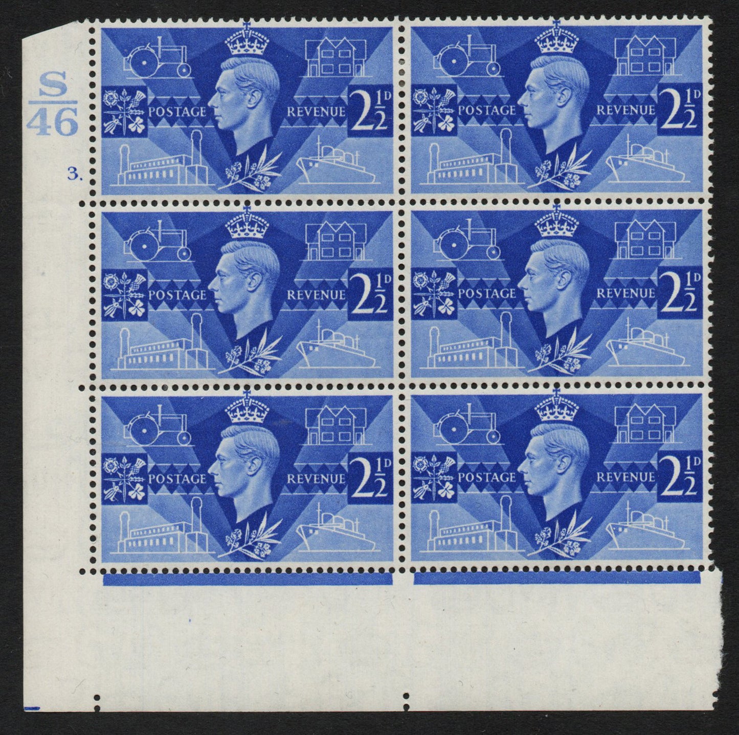 1946 GB KGVI SG491 2½d Peace Cyl 3 dot Ctrl S/46 Block of 6 LMM
