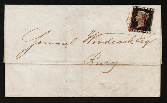 GB QV 5th Oct 1840 Penny Black SG2 Plate 4 AS23 Q - I 4 Margins Light Red M/C on Wrapper to Bury. Single Line Address. Clear Manchester Date Stamp