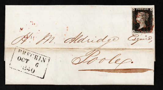 GB QV 6th Oct 1840 Penny Black SG1 Plate 6 AS4. A - F.  Light Red M/C on Wrapper to Poole, Dorset. Single Line Address. Good even margins. Clear Square Brechin Date Stamp