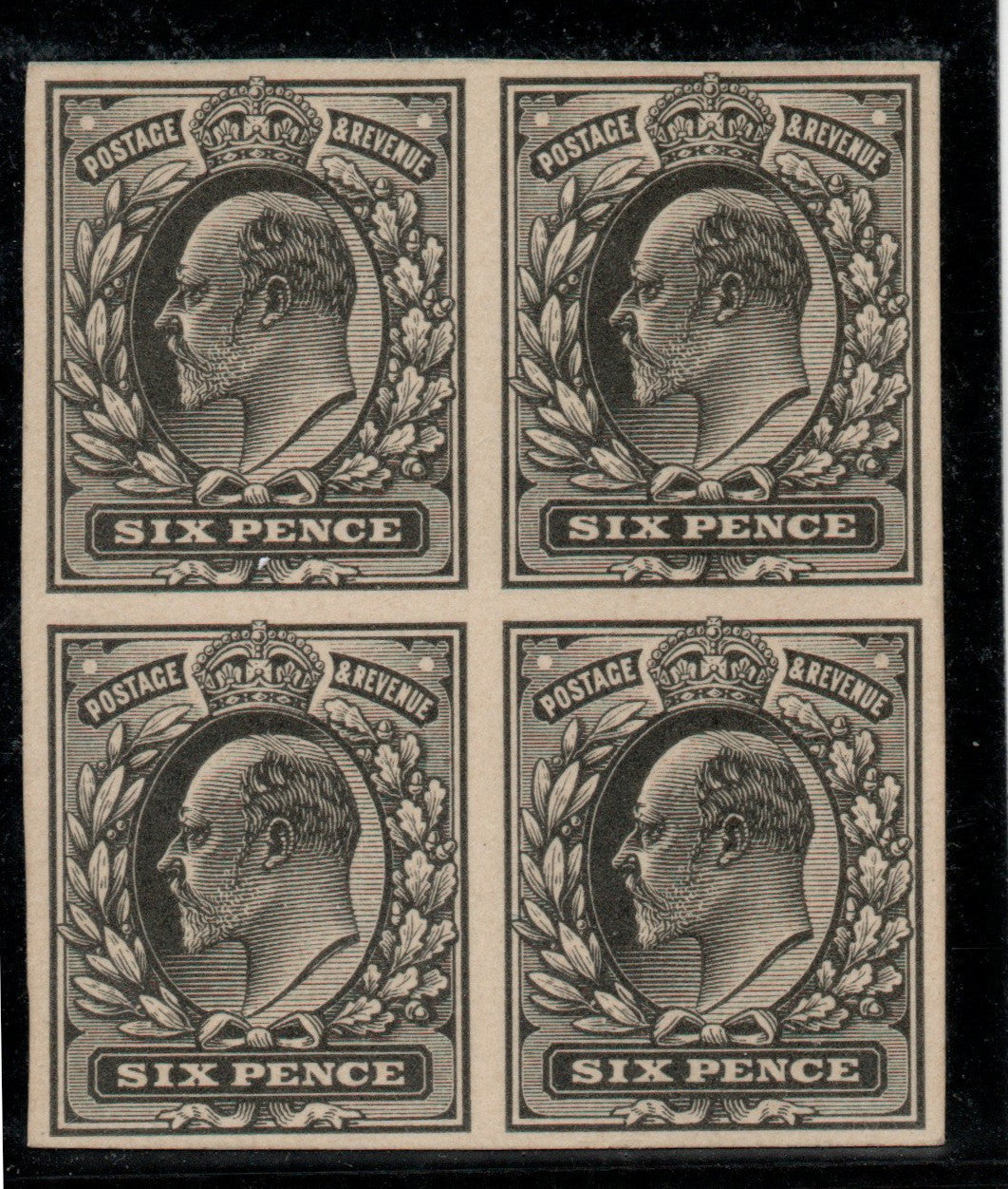 GB c1902 KEVII Proof Block of SG245 6d in Black on card, light hinge