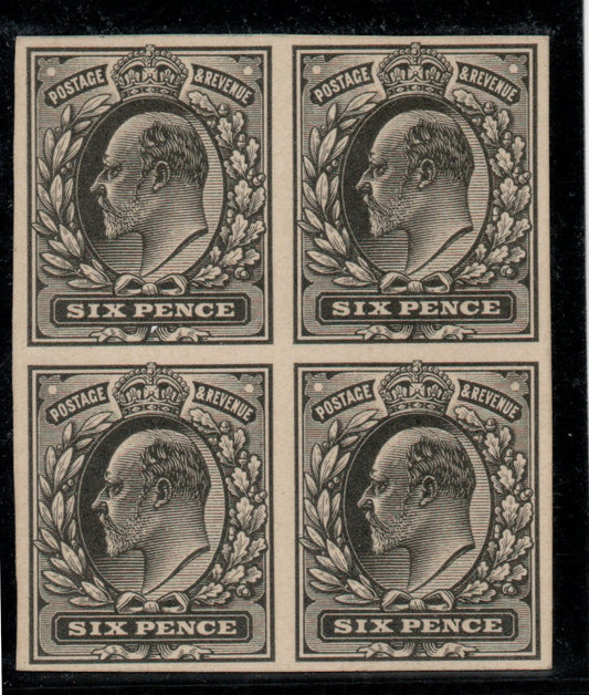 GB c1902 KEVII Proof Block of SG245 6d in Black on card, light hinge