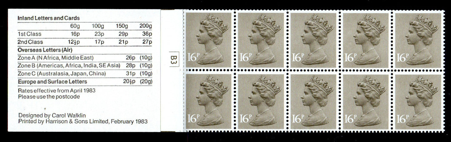 GB QEII 1983 £1.60p Booklet FS1Aa Cylinder B3 Right Selvedge Amended Rates Lightly Trimmed (AM1248)