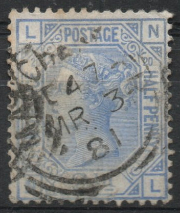 1880 GB QV SG142 2½d Blue Plate 20 (N-L)