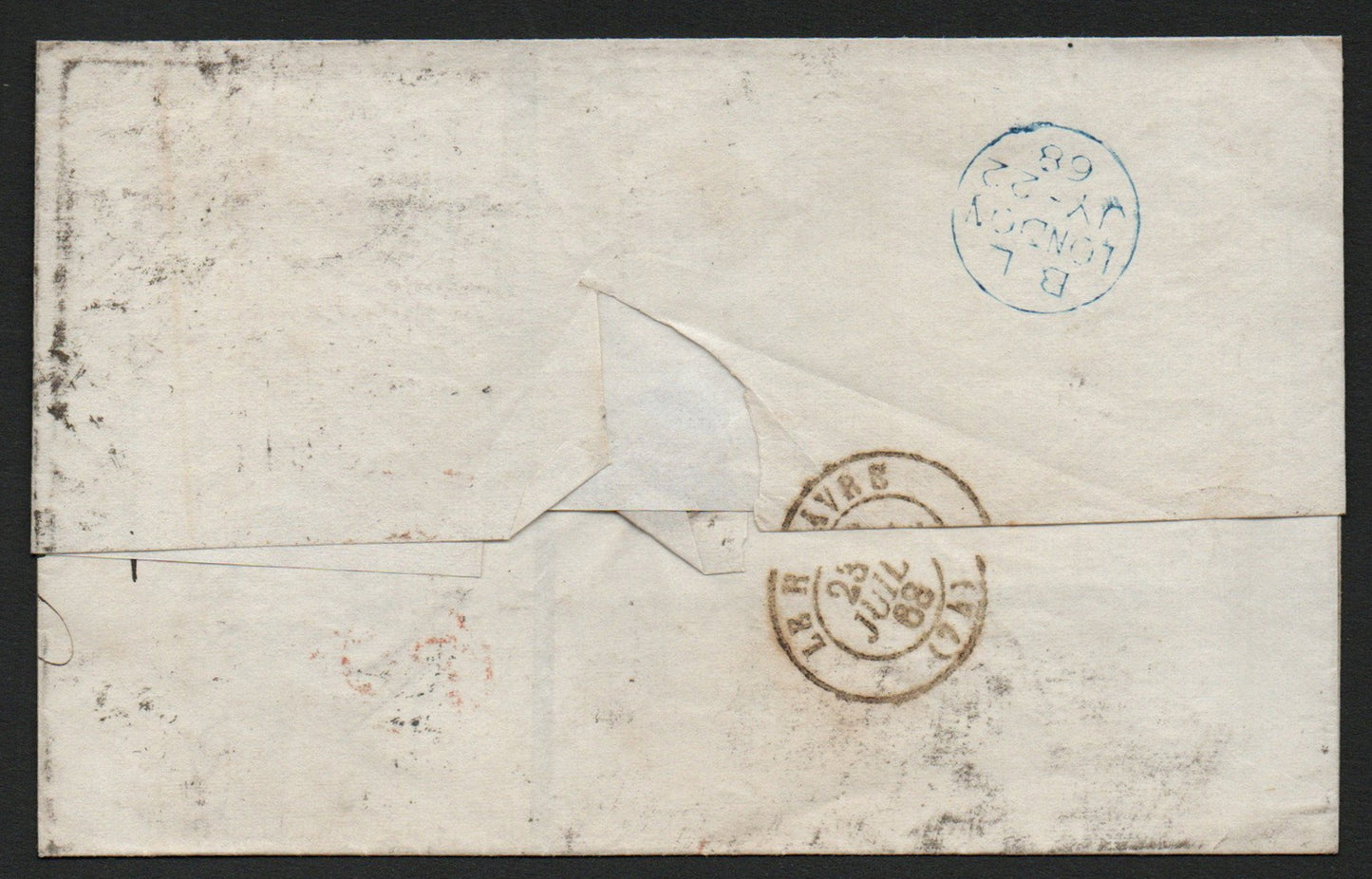 1868 Wrapper London-France bearing SG43 Plate 80 & SG93 4d Verm Pl 9 (AM1518)