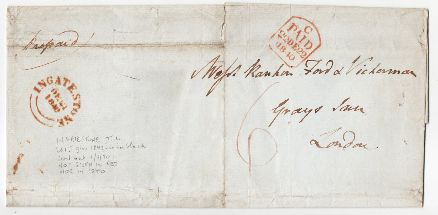 GB 1840 Outer Wrapper from Ingatestone to Grays Inn