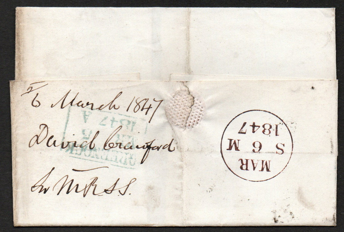 1847 Wrapper 1d Red SG8 Plate 65 Green Greenock Boxed Handstamp to Edinburgh (AM1582)