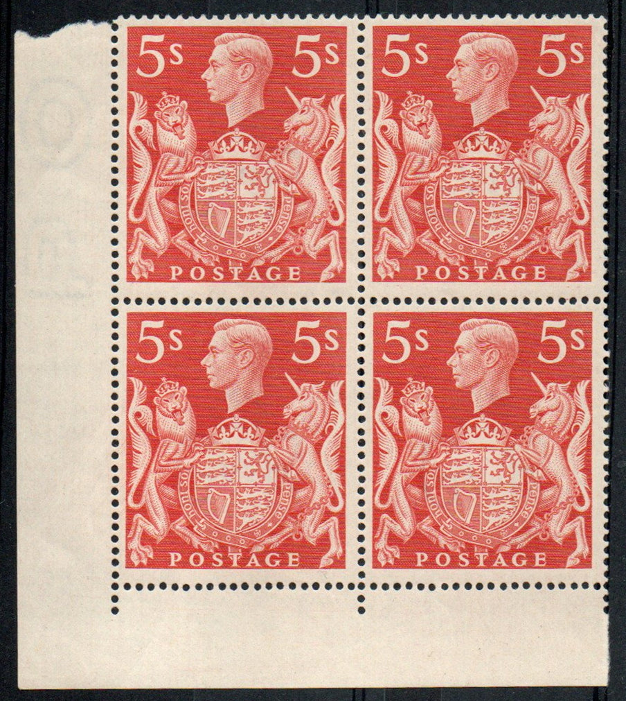 1939 KGVI SG477 5/- Shilling Red Perf Type 4 Block of 4 Unmounted Mint