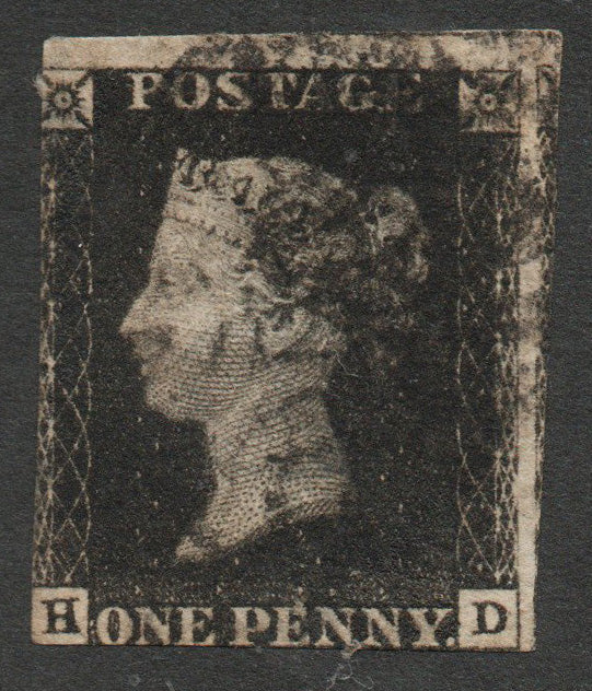 GB QV SG1 Penny Black Plate 6, 2 Good Margins H-D, Black PM
