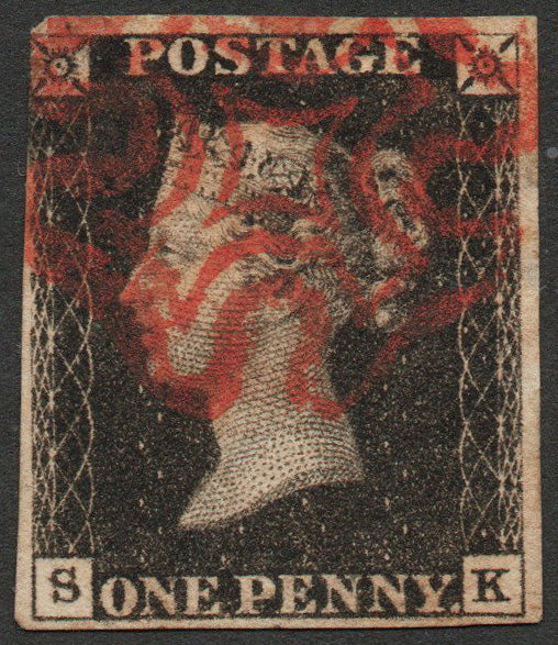 GB QV SG2 Penny Black Plate 7 3½ Margins Red Maltese Cross