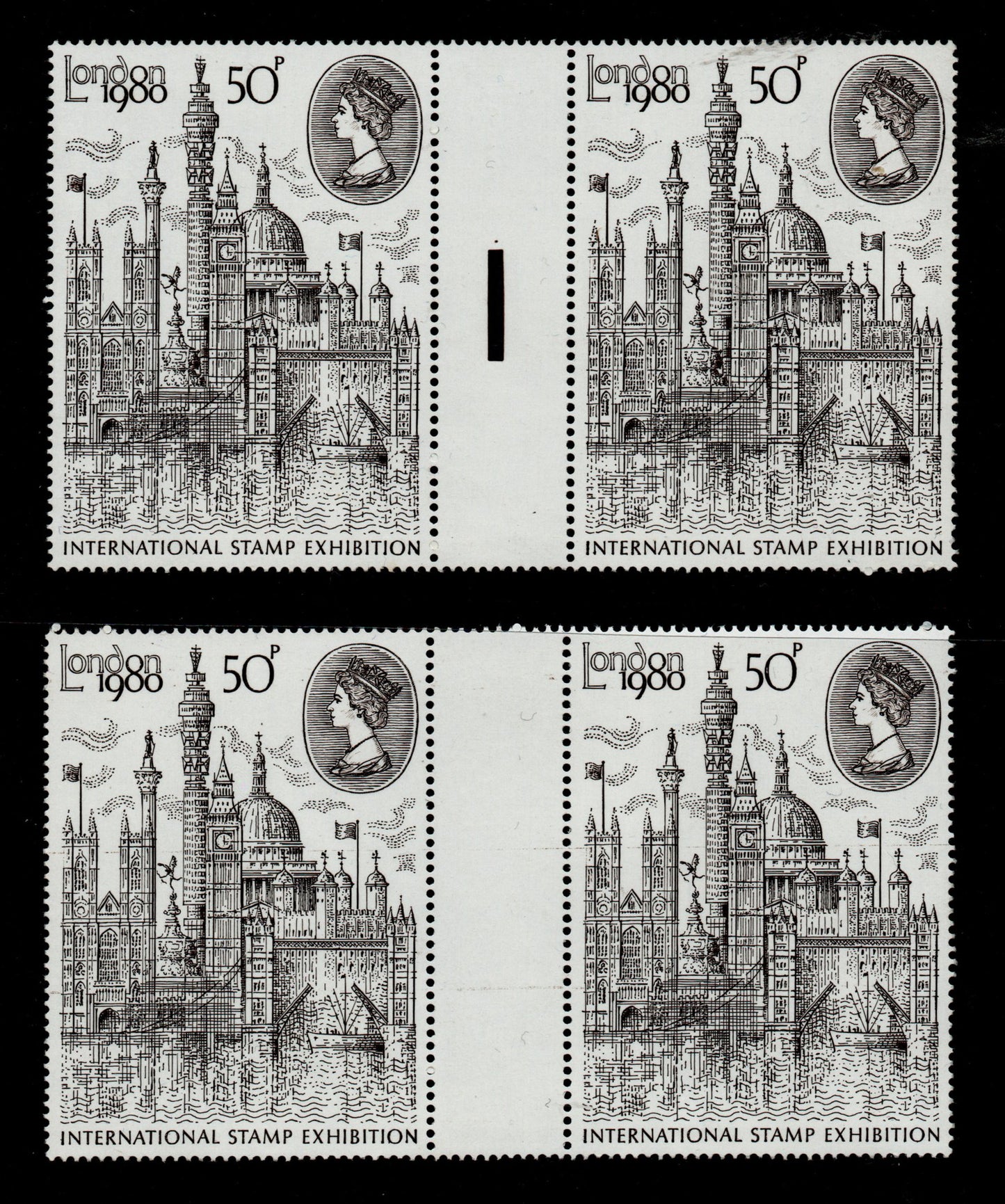 GB QEII 1980 International Stamp Ex. SG1118 Gutter Prs with & without bar (AM533)