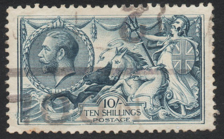1915 GB KGV SG412 DLR 10/- Blue Seahorse. Very Good Used, 
