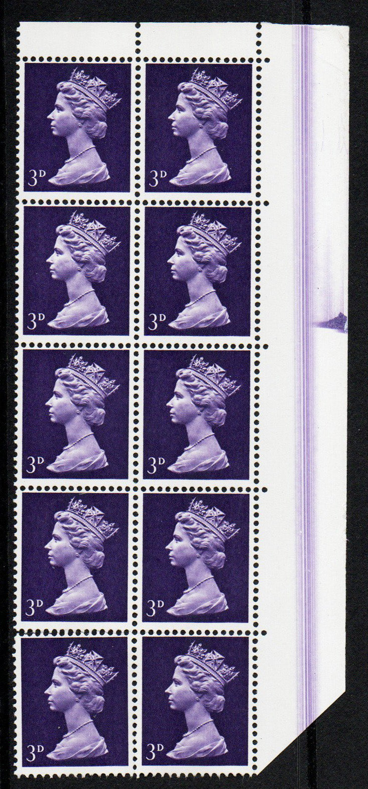 GB QEII 1967 Margin Block of 10 SG729 3d Violet Blade Flaw Error U/M (AM601)