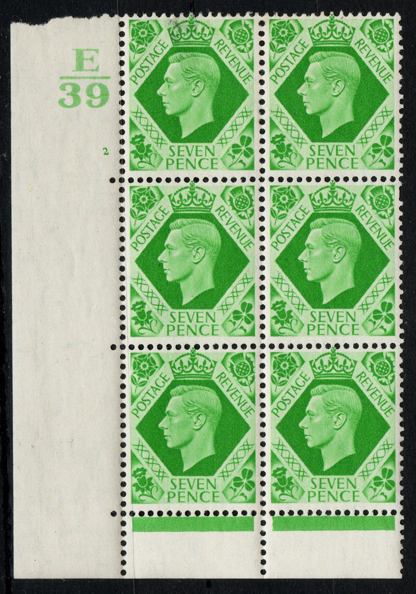 1937 GB KGVI 7d Emerald SG471 in Cylinder Block Control E39 Cyl 2 no dot. Lightly Mounted, slight gum stain