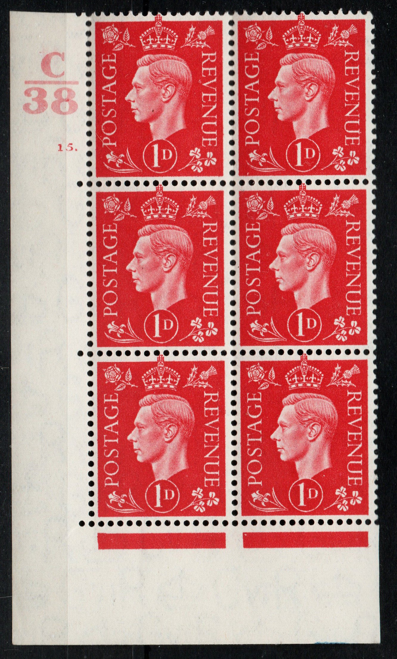 1937 GB KGVI 1d Scarlet SG463 in Cylinder Block Control C38 Cyl 15 dot. Unmounted Mint