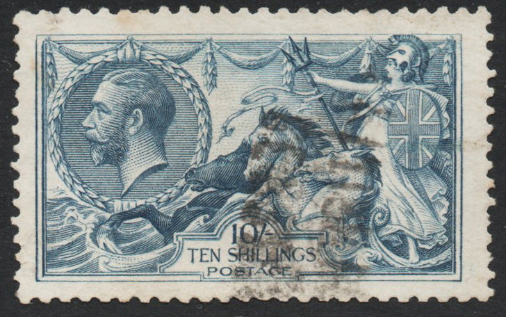 1915 GB KGV SG412 DLR 10/- Blue Seahorse. Very Fine Used, Profile Clear of postmark