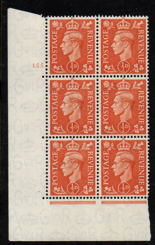 GB KGVI SG465 2d Orange in Block of 6 NO Control Cyl 155 no dot Unmounted Mint