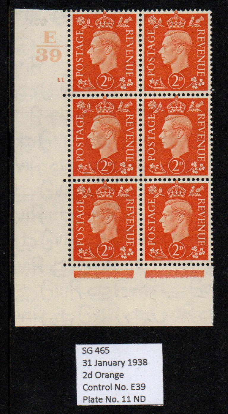 GB KGVI SG465 2d Orange in Block of 6 Control E/39 Cyl 11 no dot Unmounted Mint