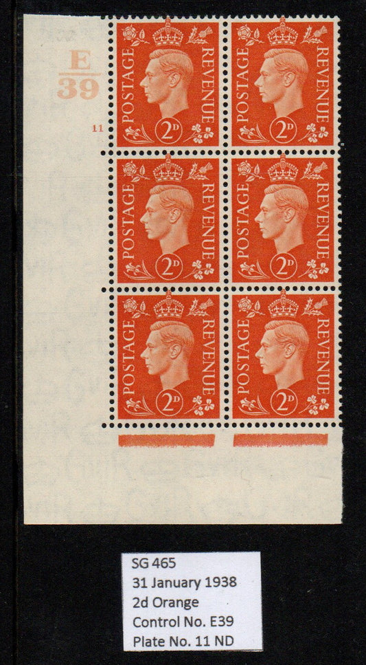 GB KGVI SG465 2d Orange in Block of 6 Control E/39 Cyl 11 no dot Unmounted Mint