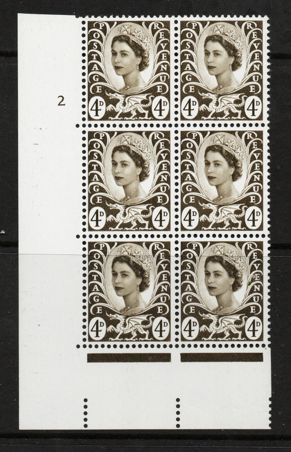 1968 GB QE2 Wales 4d Olive Sepia Cyl 2 no dot. Block of 6 (SG W9 2B) Unmounted Mint