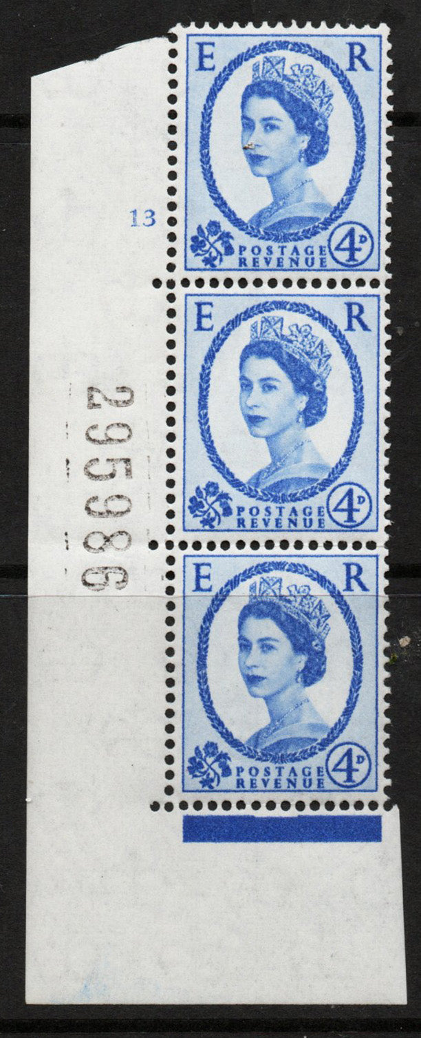 1951 GB QE2 SG576 4d Wilding Cyl 13 Strip of 3 with Sheet No. Unmounted Mint