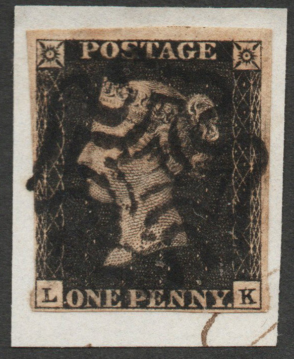 GB QV SG1 Penny Black Plate 5 LK 3½Margins, on Piece Black M/C