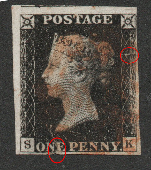 GB QV SG2 Penny Black Plate 1b Superb but two tiny tears. Red MC