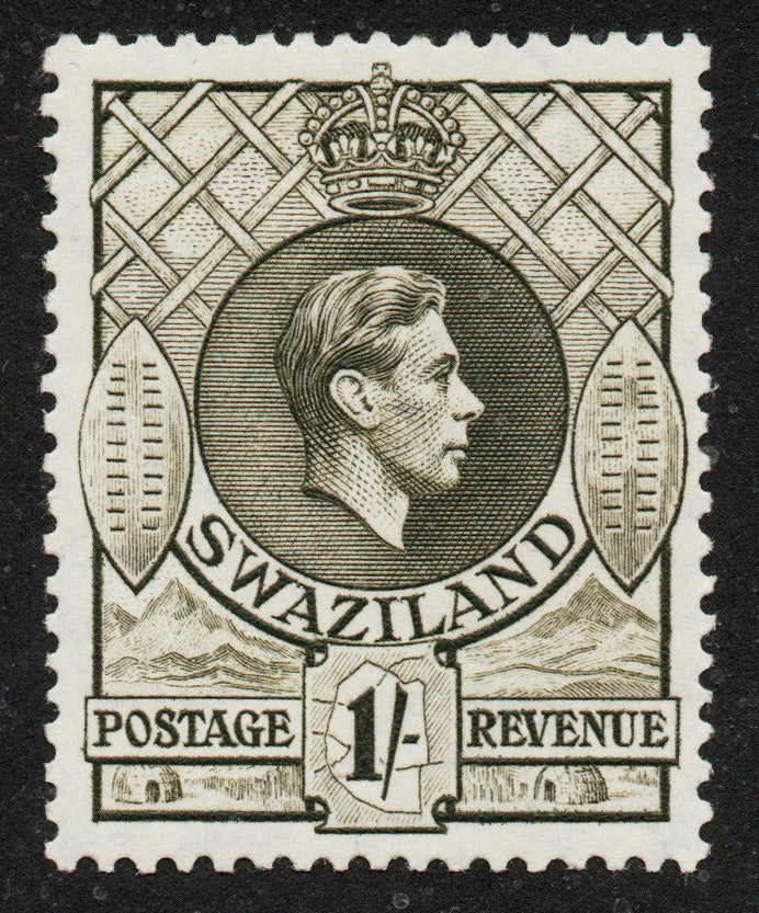 1938 Swaziland SG35 1/- Brown Olive Perf 13½x 13 Mounted Mint