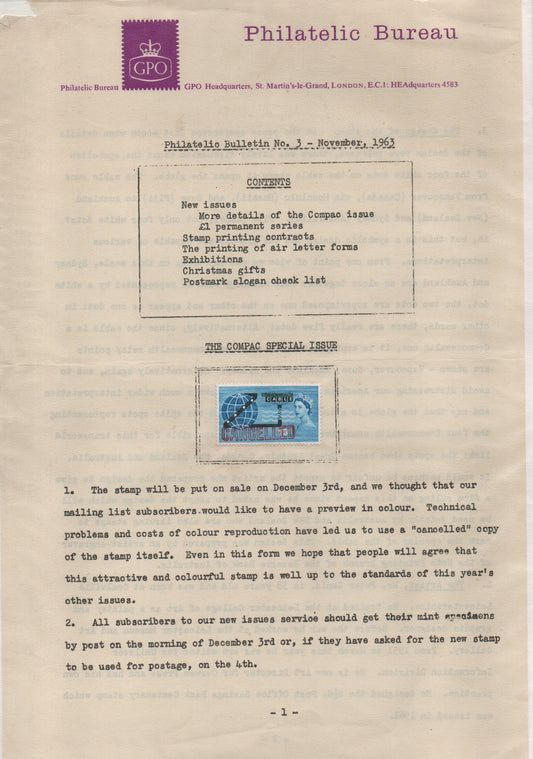 GB 1963 PO Bulletin bearing SG645 opening of COMPAC with Cancelled Stamp (AM877)