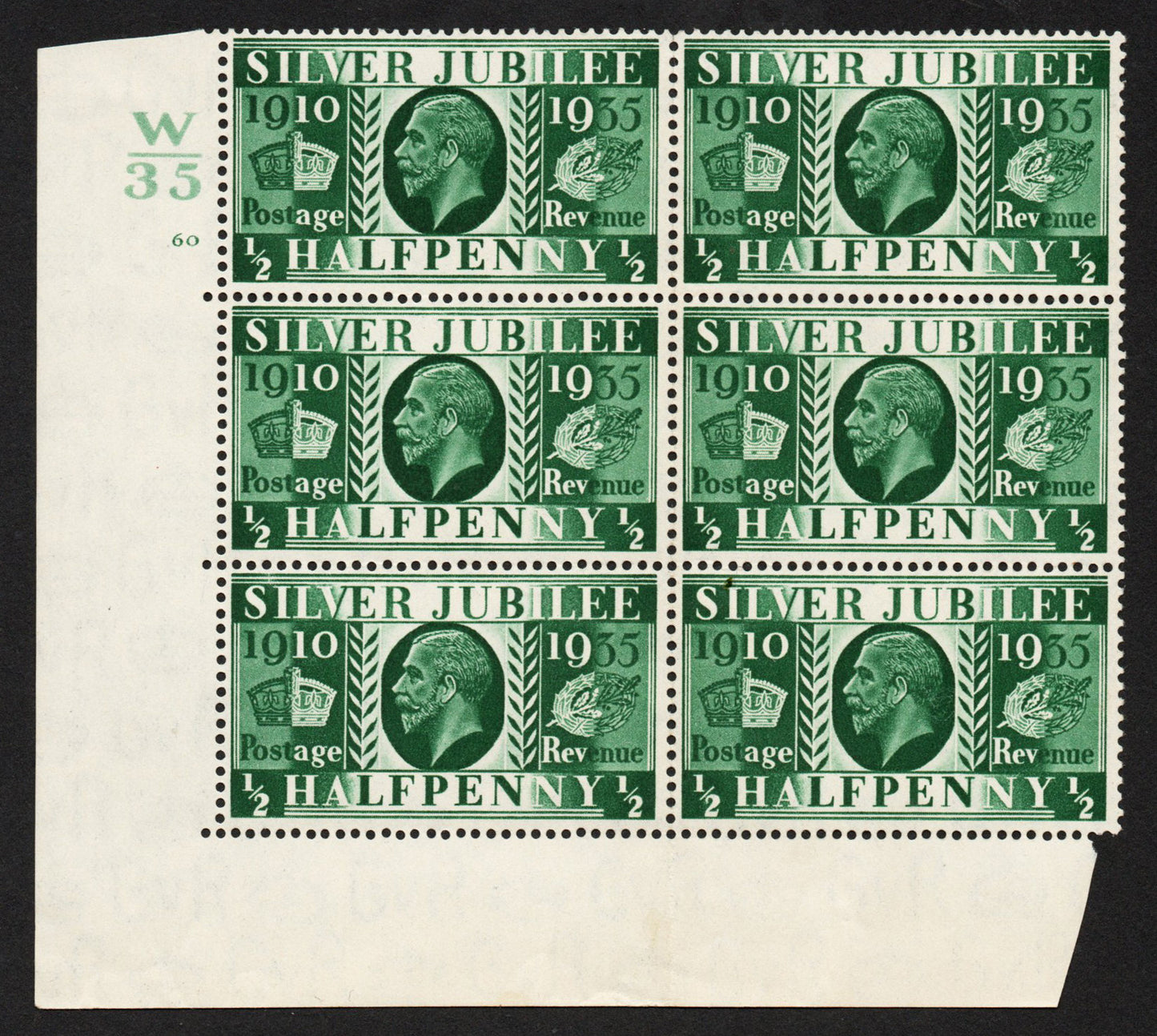 GB 1935 KEVIII SG453 ½d Cylinder 60 no dot, Control W/35 Block of 6, Perf 5, VLMM in Margin