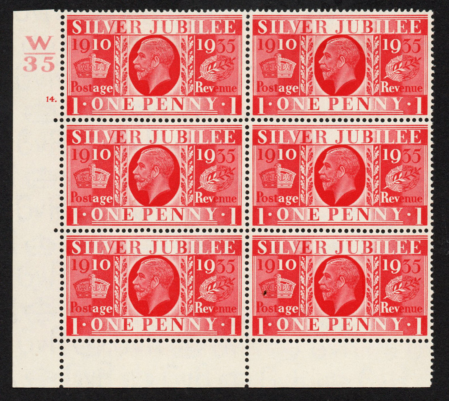 GB 1935 KEVIII SG454 1d Cylinder 14 dot, Control W/35 Block of 6, Perf 5, MM top two stamps