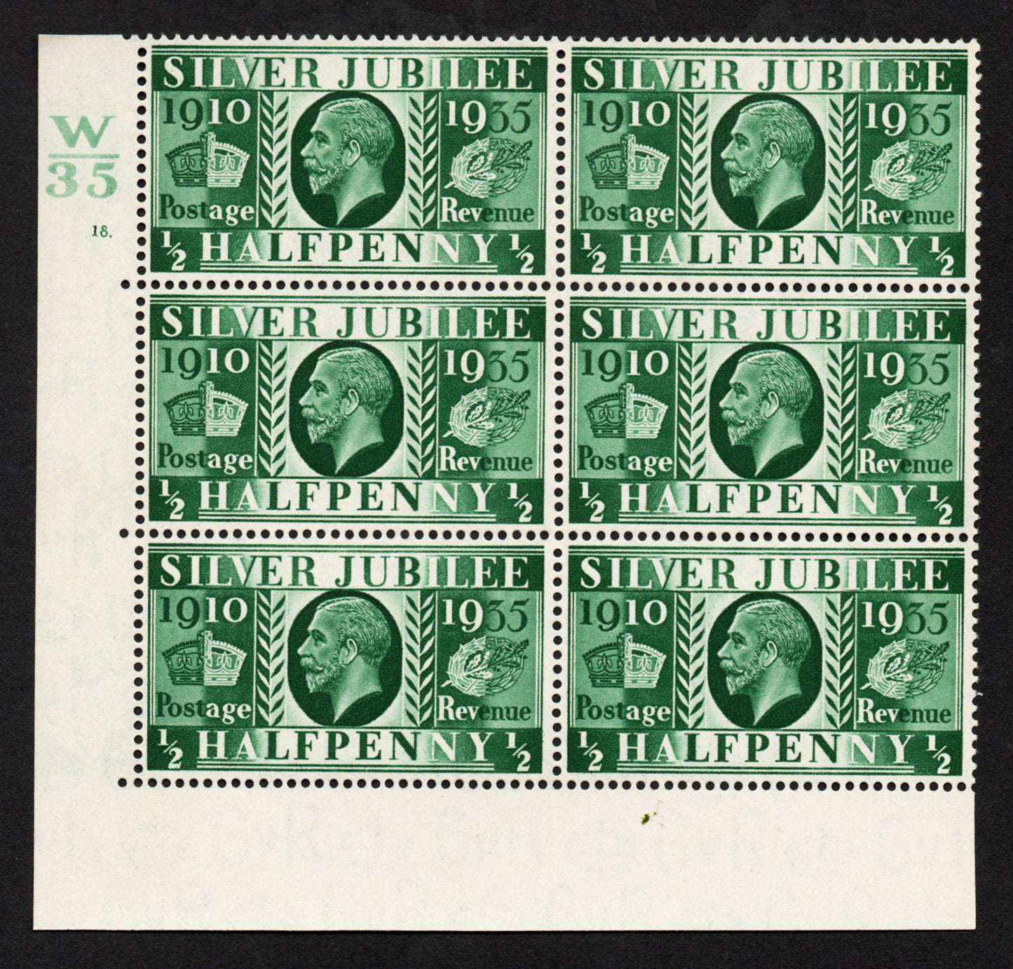 GB 1935 KEVIII SG453 ½d Cylinder 18 dot, Control W/35 Block of 5, Perf 5, Very Lightly M/M