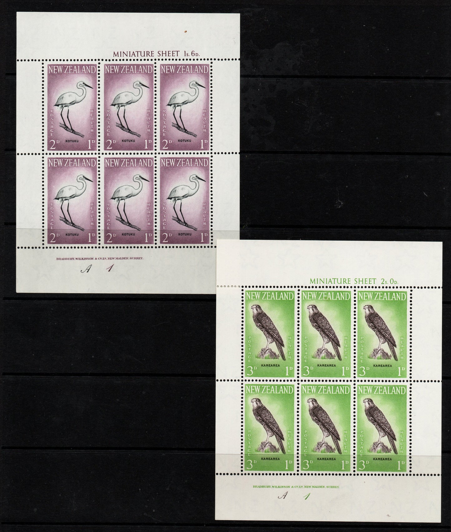 1961 New Zealand Health Stamps - Birds Miniature Sheets SG MS807a U/M, NHM. Small Gum Blemish affecting one stamp of 3d Sheet