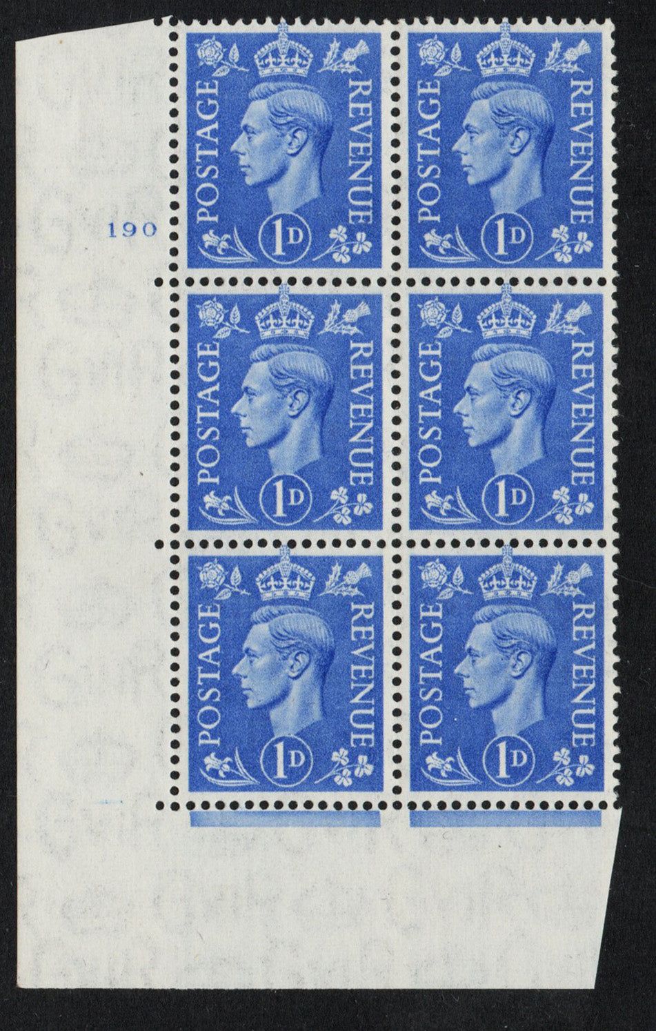 1951 KGVI SG504 1d Light Ultramarine in Cyl 190 no dot Block of 6 U/M