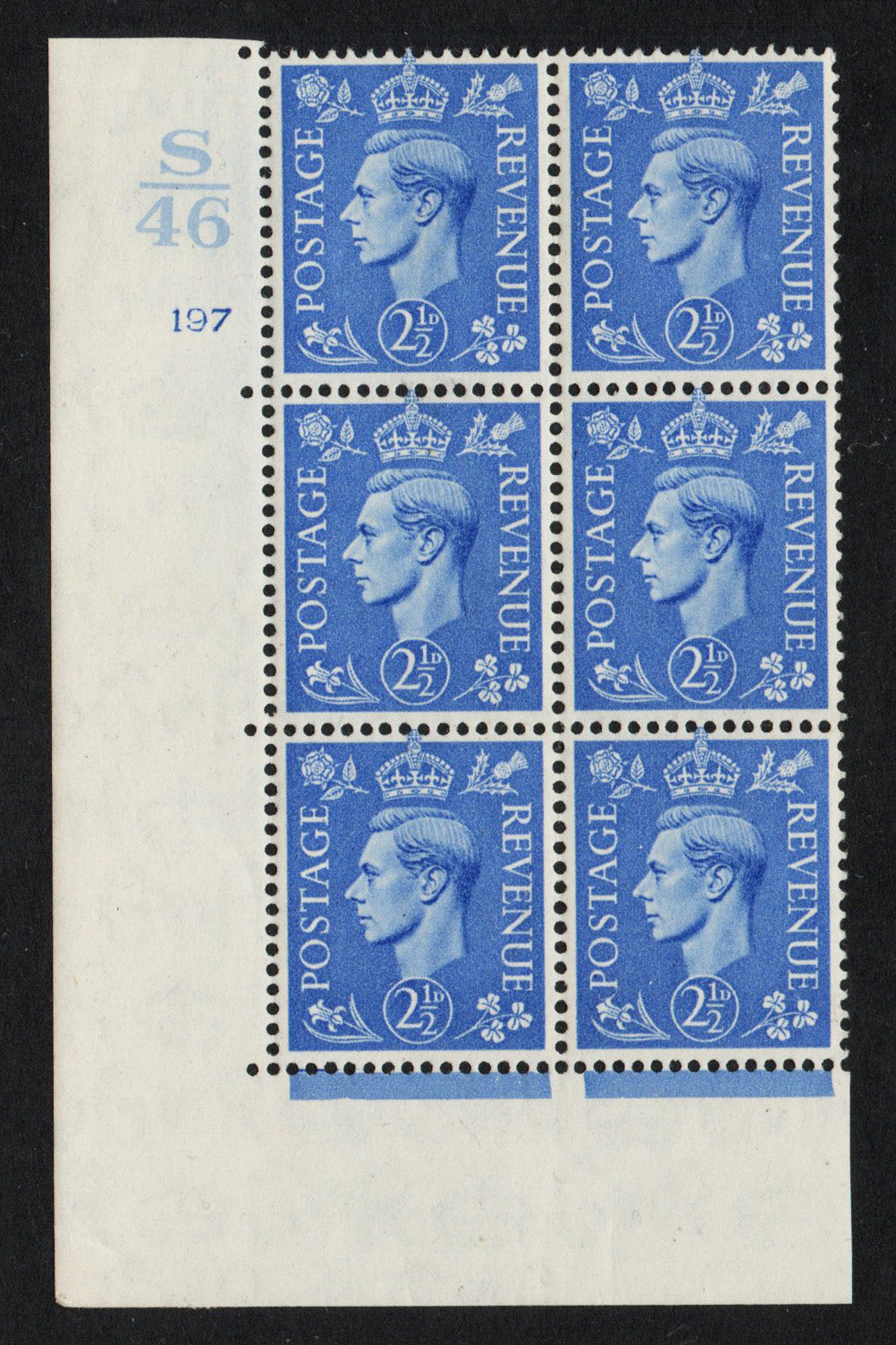 1951 KGVI SG489 2½d Light Ultra in Cyl 197 no dot Ctrl S/46 Block U/M