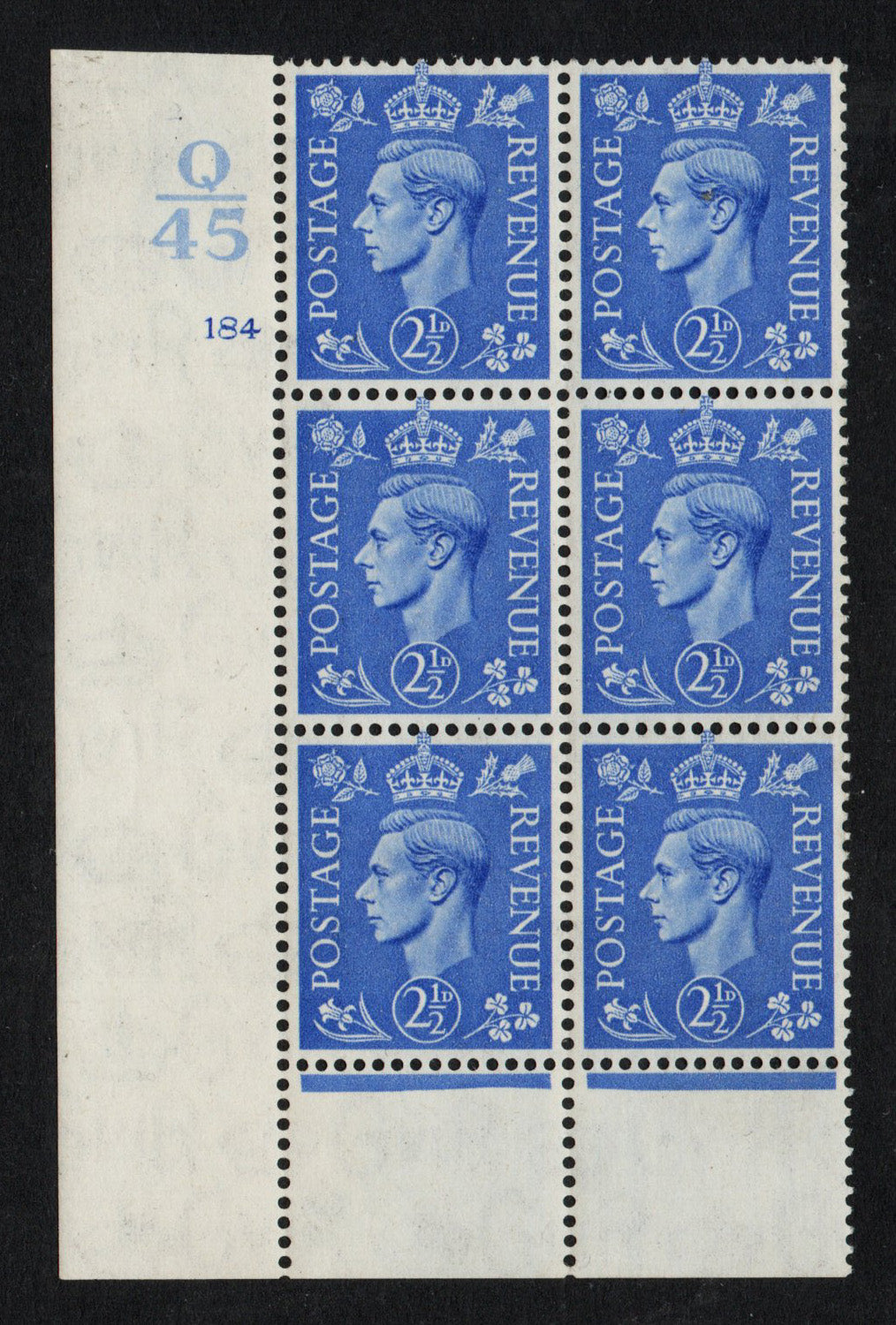 1941 KGVI SG489 2½d Light Ultra in Cyl 184 no dot Ctrl Q/45 Block U/M