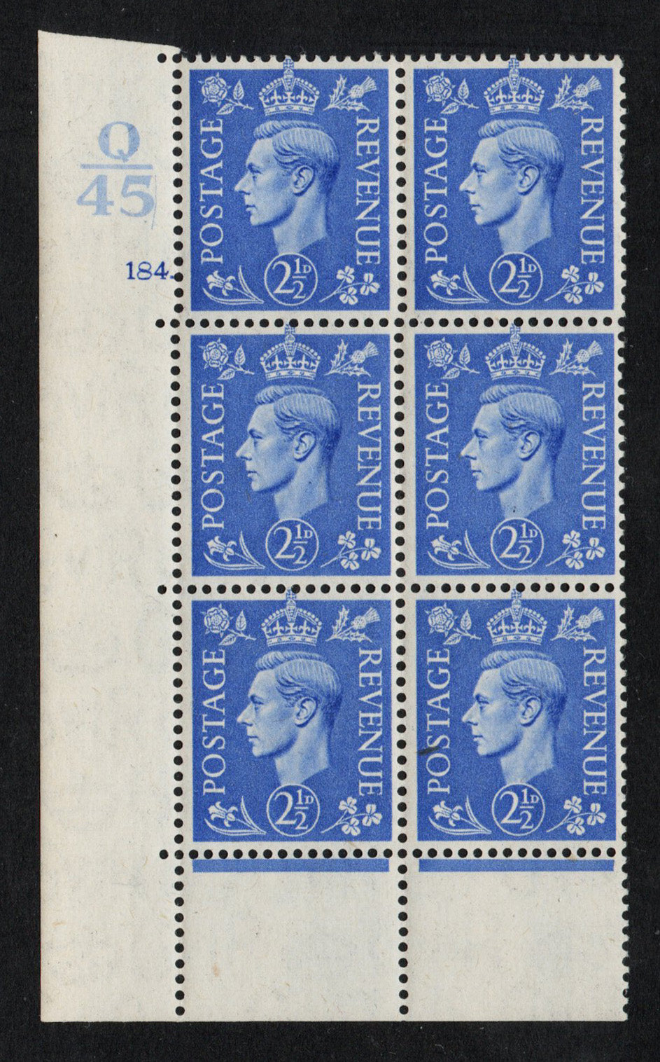 1941 KGVI SG489 2½d Light Ultra in Cyl 184 dot Ctrl Q/45 Block of 6 U/M