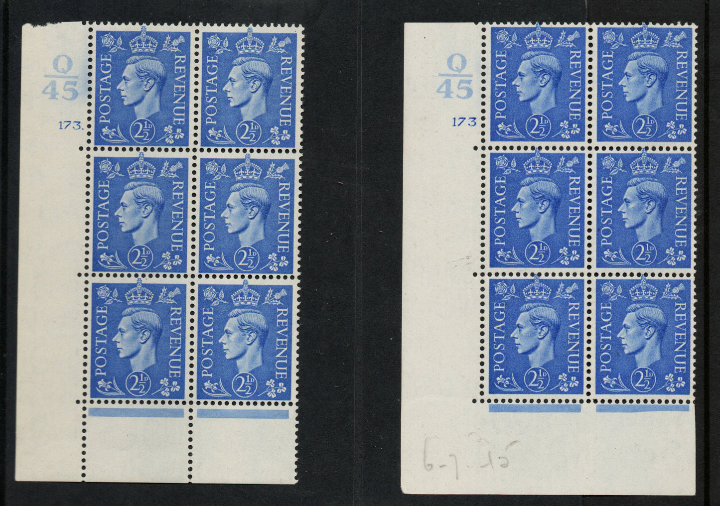 1941 KGVI SG489 2½d Light Ultra Cyl 173 dot & no dot Ctrl Q/45 Block LMM(AM937)