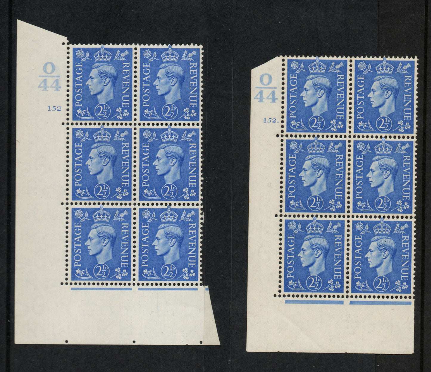 1941 KGVI SG489 2½d Light Ultra Cyl 152 dot & no dot Control O/44 Block 6