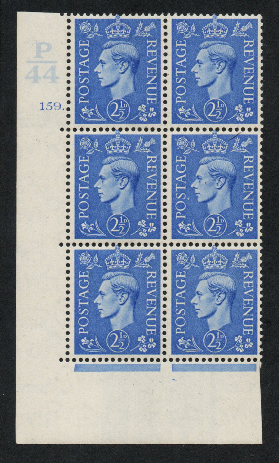 1941 GB KGVI SG489 2½d Light Ultra in Cyl 159 dot Block Ctrl P/44 LMM