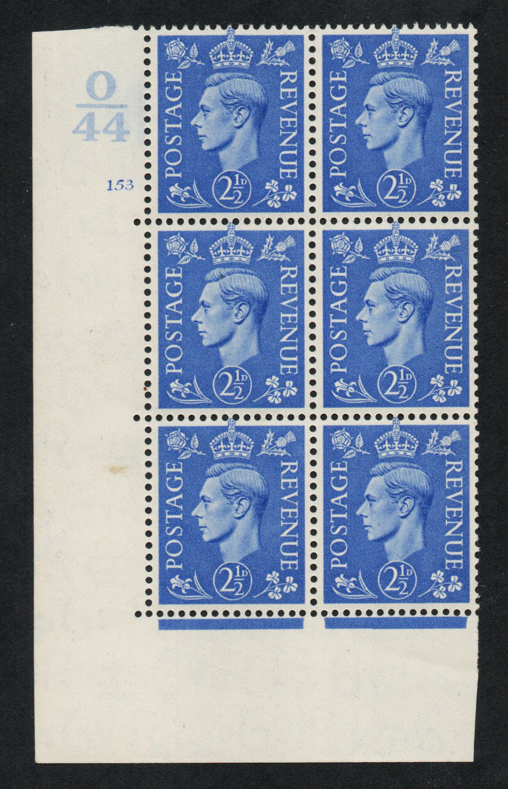 1941 GB KGVI SG489 2½d Light Ultra in Cyl 153 no dot Block Ctrl O/44 U/M