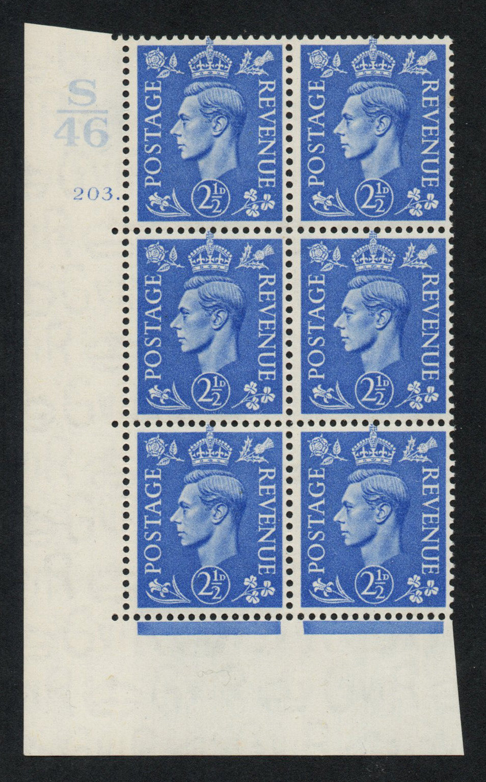 1941 GB KGVI SG489 2½d Light Ultra in Cyl 203 dot Block Ctrl S/46 U/M