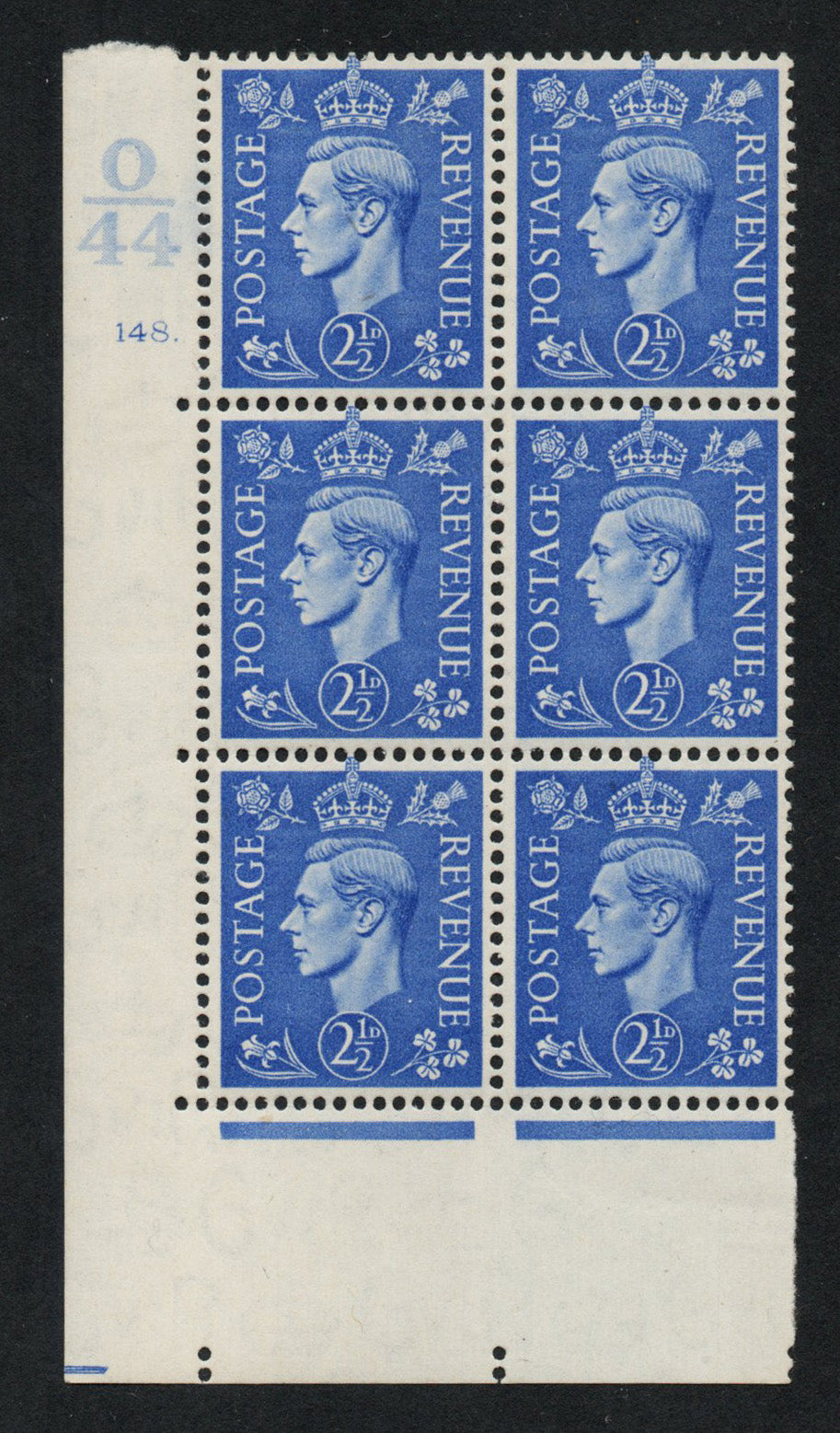 1941 GB KGVI SG489 2½d Light Ultra in Cyl 148 dot Block Ctrl O/44 LMM
