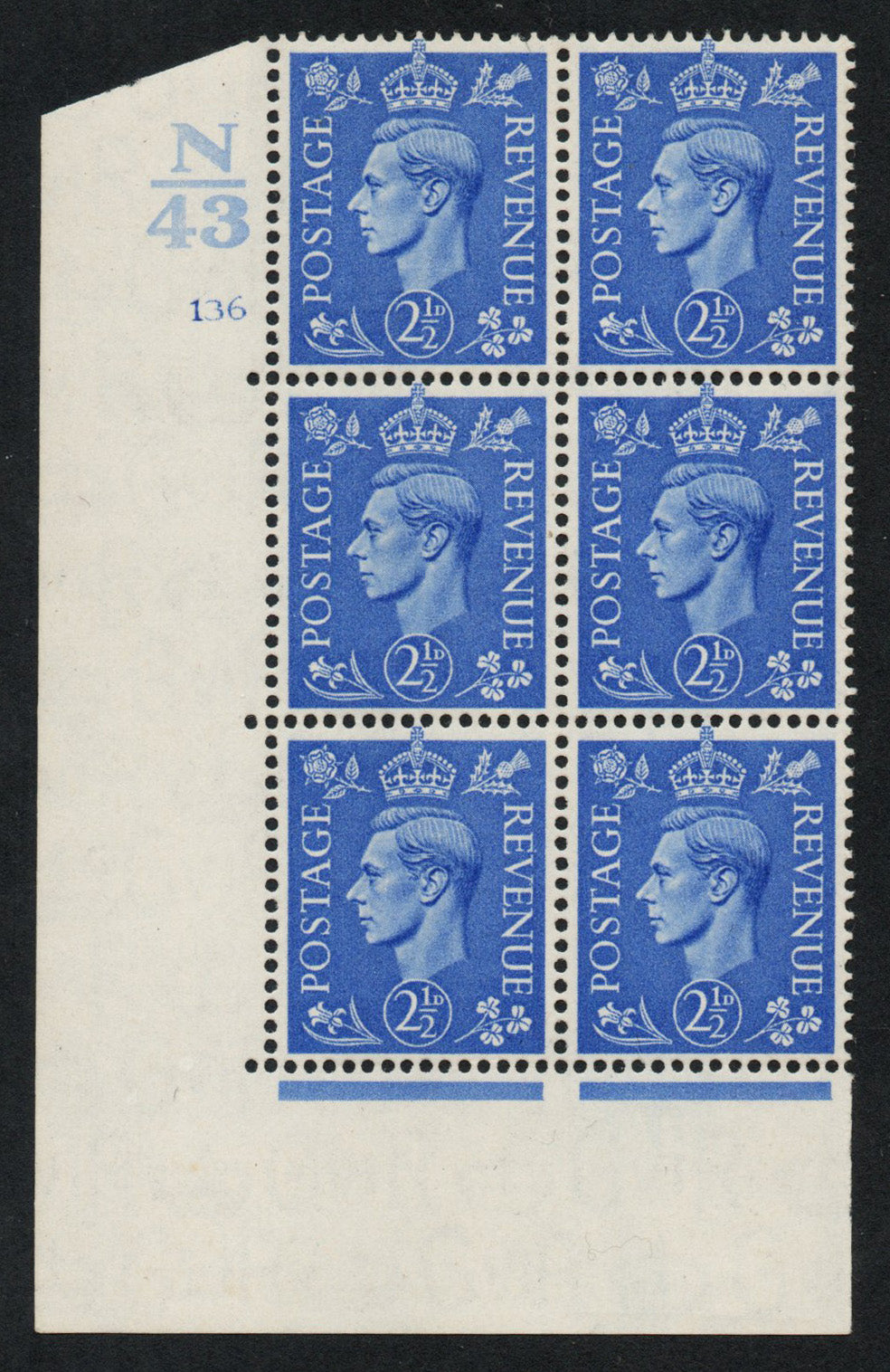1941 GB KGVI SG489 2½d Light Ultra in Cyl 136 no dot Block Ctrl N/43 LMM
