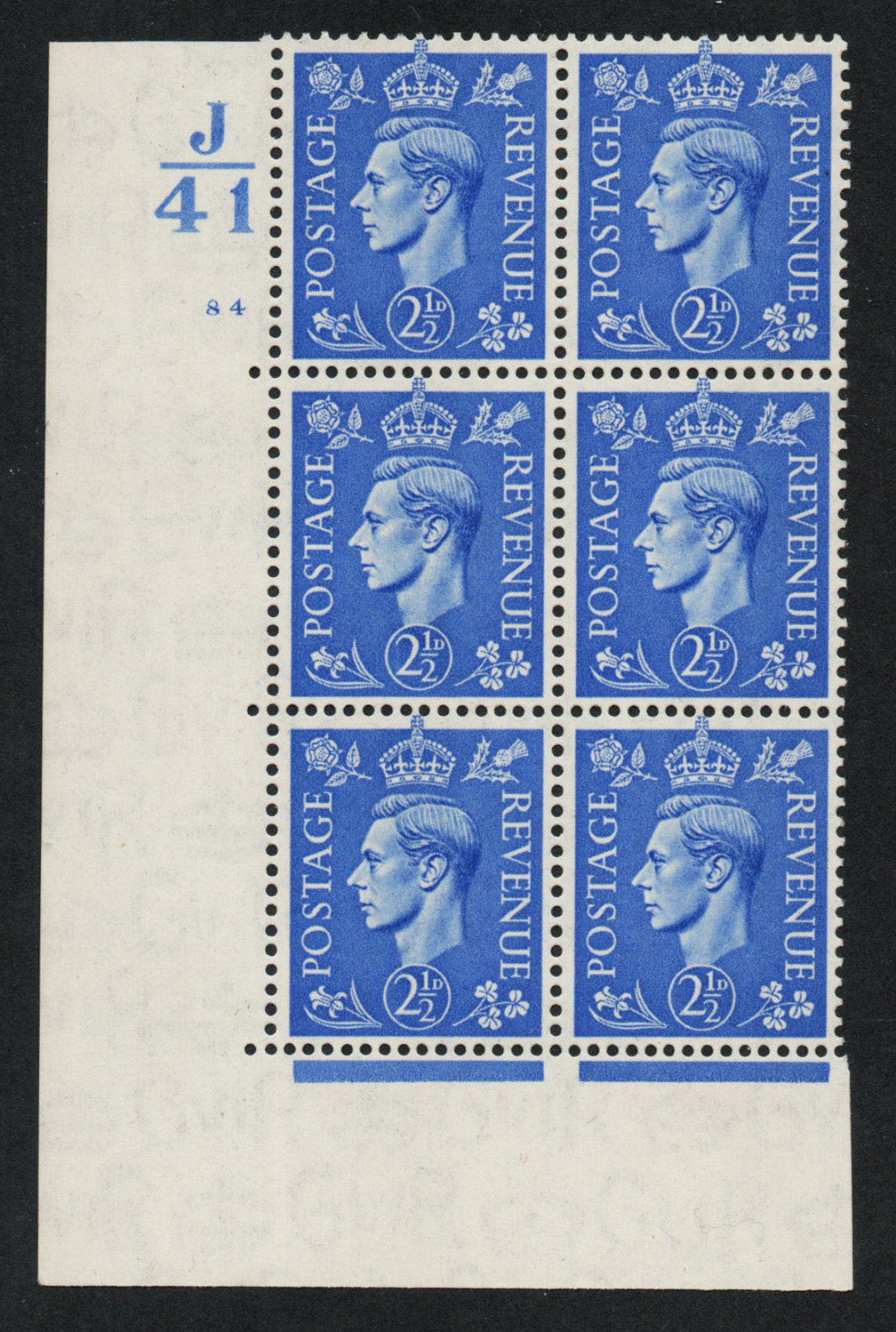 1941 GB KGVI SG489 2½d Light Ultra in Cyl 84 no dot Block Ctrl J/41 LMM