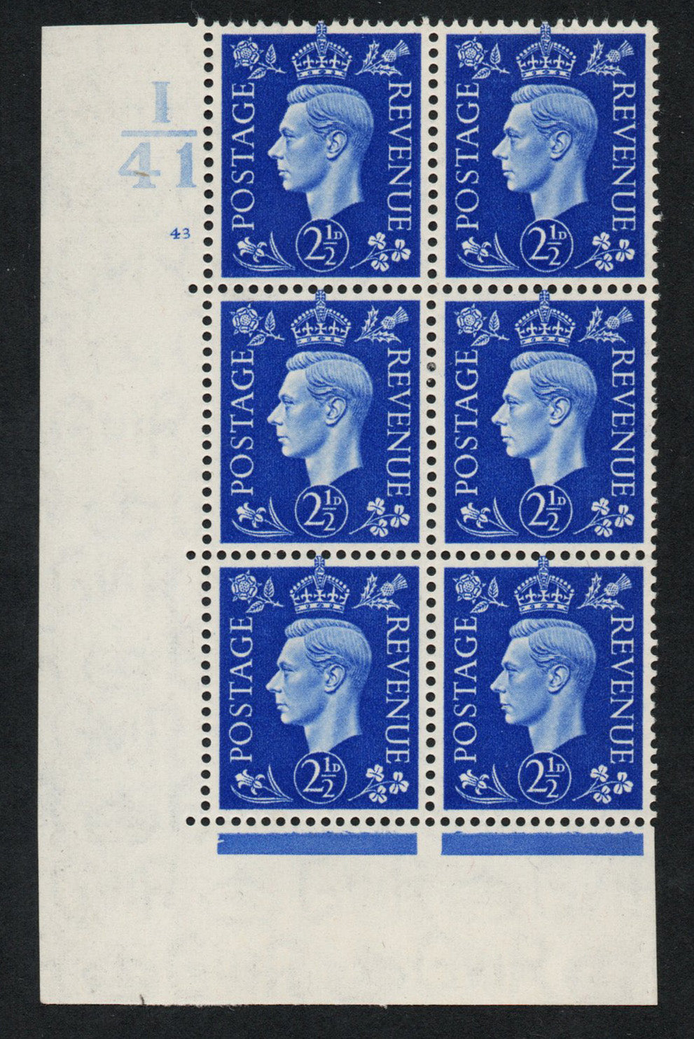 1937 GB KGVI SG466 2½d Ultra in Cyl 43 no dot Block Ctrl I/41 LMM
