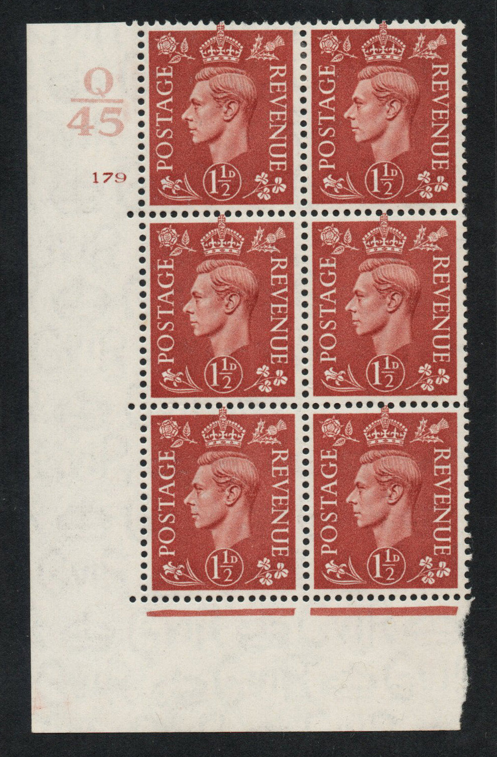1942 GB KGVI SG487 1½d Pale Red/Brown in Cyl 179 no dot Ctrl Q/45 LMM