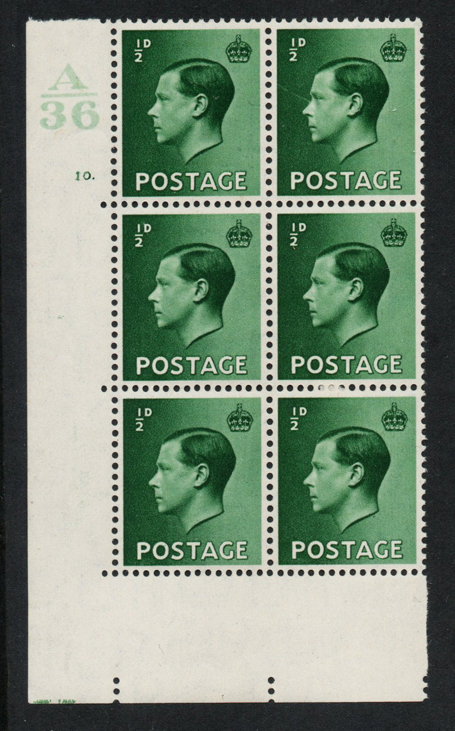 1936 GB KEVII SG457 ½d Green in Cyl 10 dot Control A/36 VERY LMM