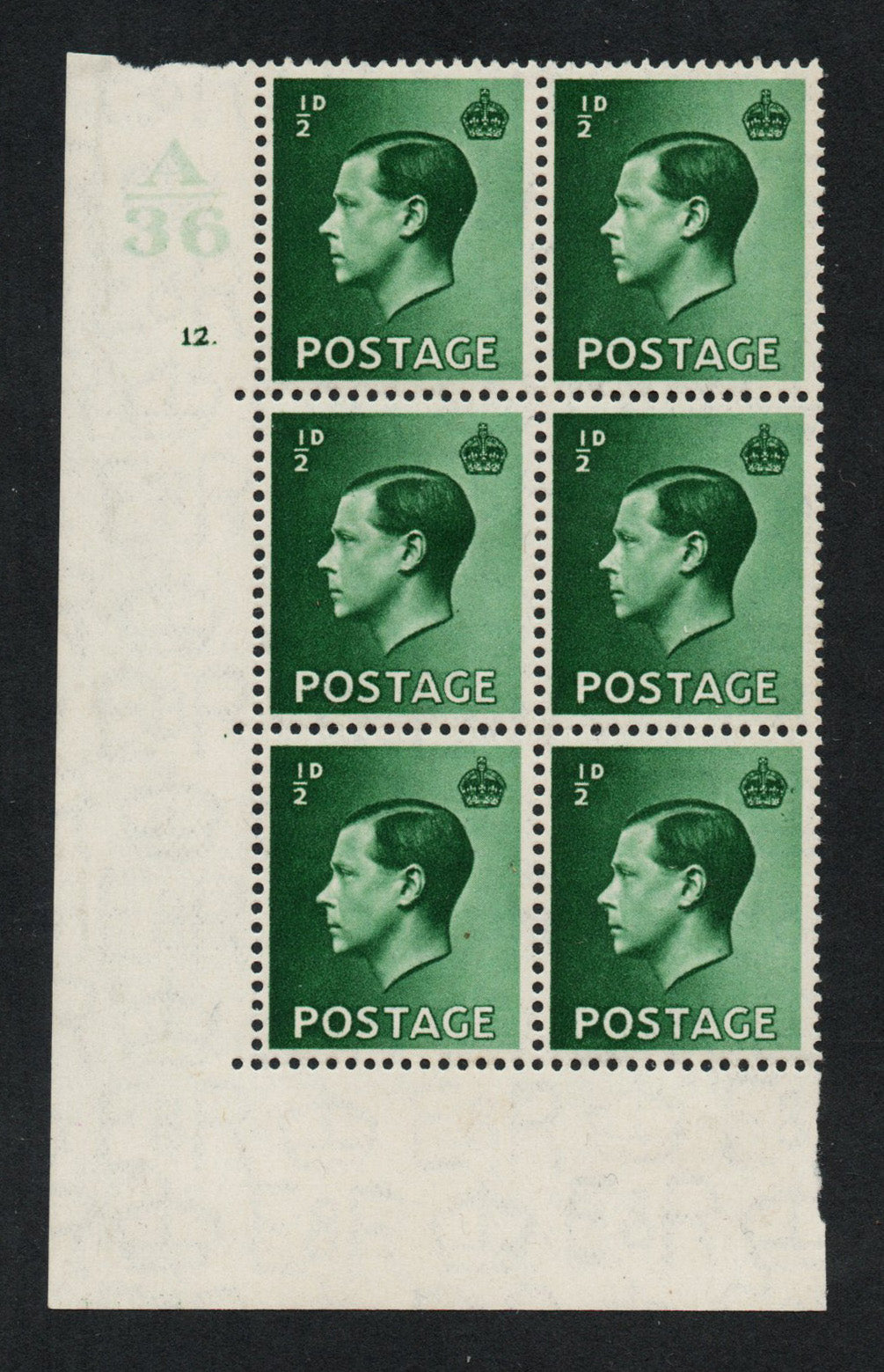 1936 GB KEVII SG457 ½d Green in Cyl 12 dot Control A/36 LMM