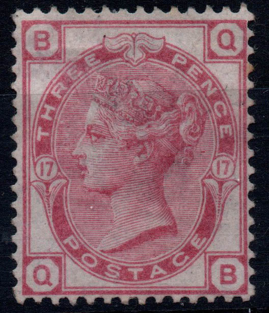 GB QV 1875 SG144 3d Pale Rose Plate 17 Mint No Gum. Nice clean stamp